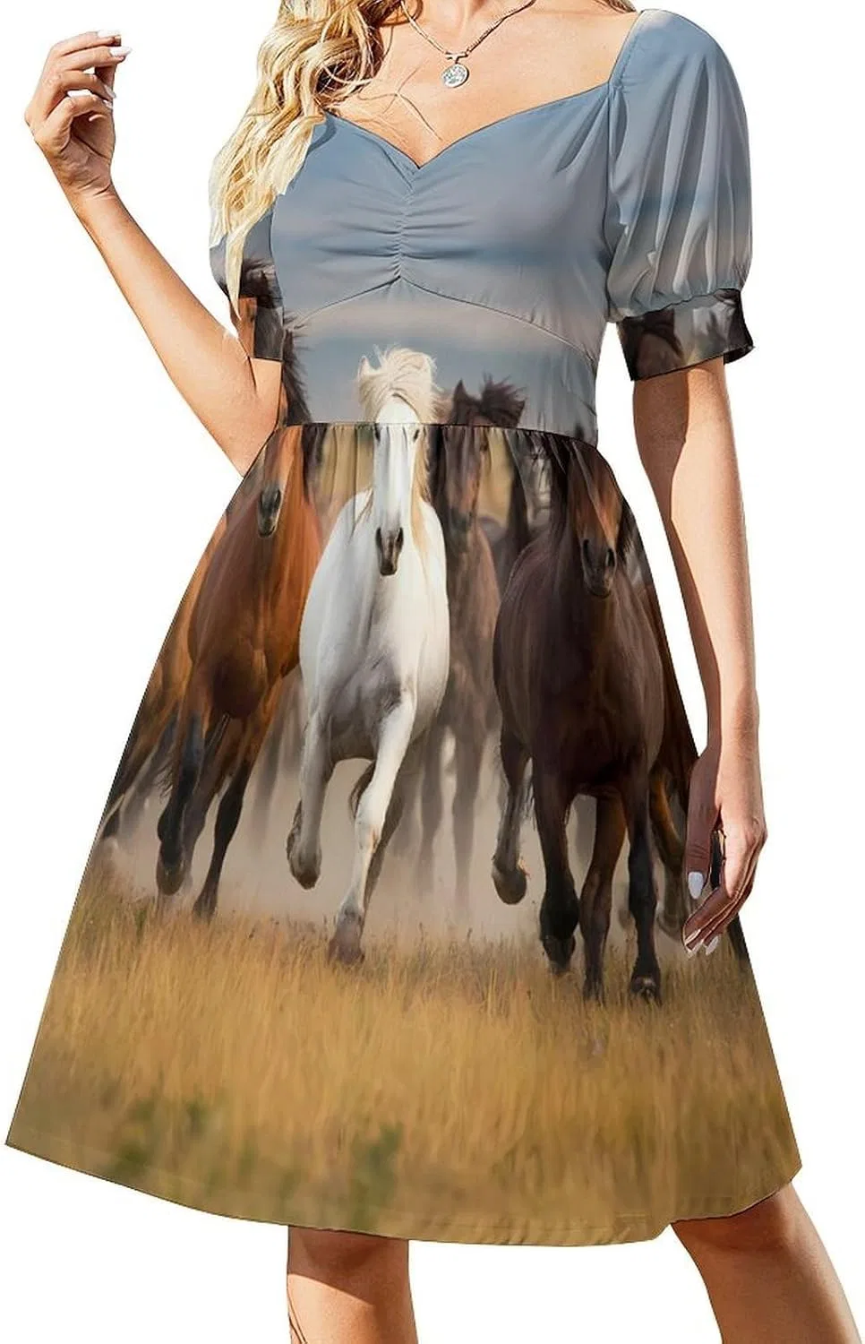 Женское летнее платье с пышными рукавами A-line Running Horse, Style