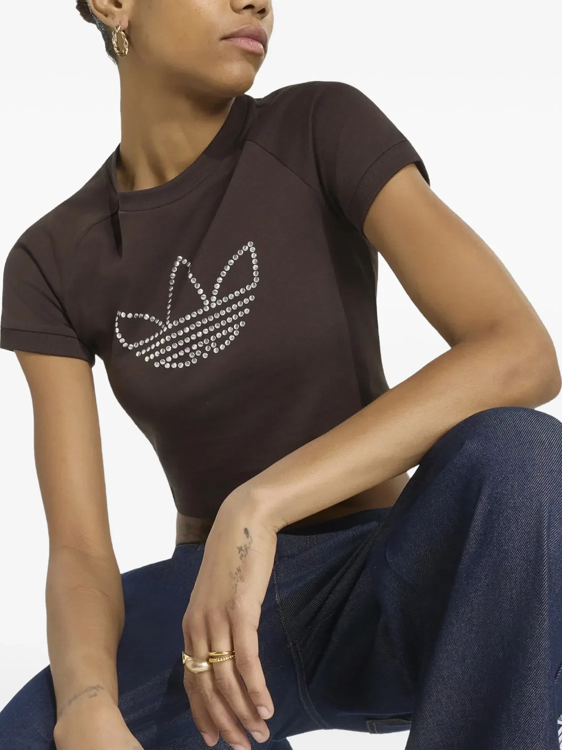 Футболка со стразами и логотипом Trefoil Adidas, коричневый — фото 3