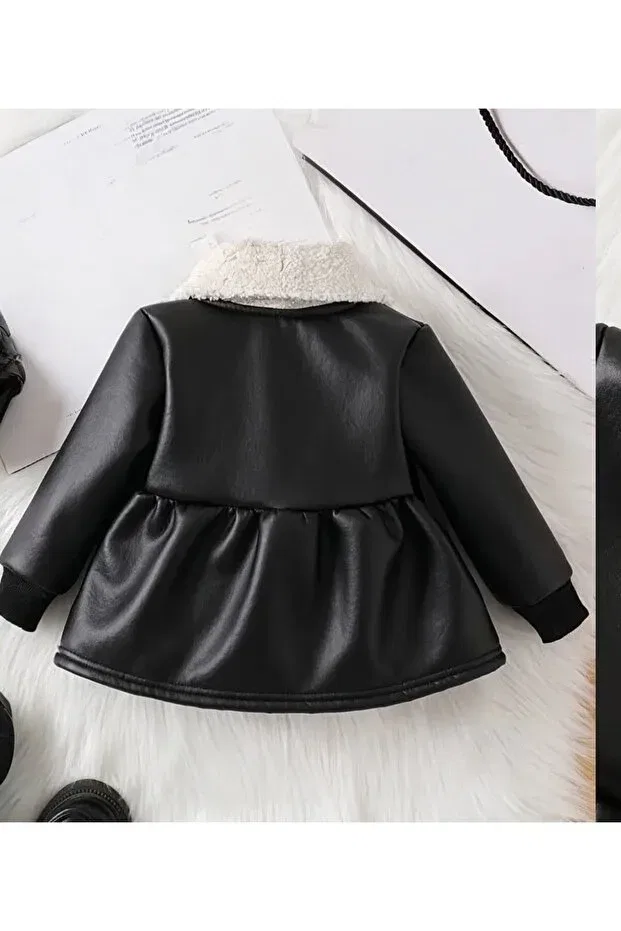 Детское пальто для девочек из искусственной кожи с меховой подкладкой Shop, Black — фото 2