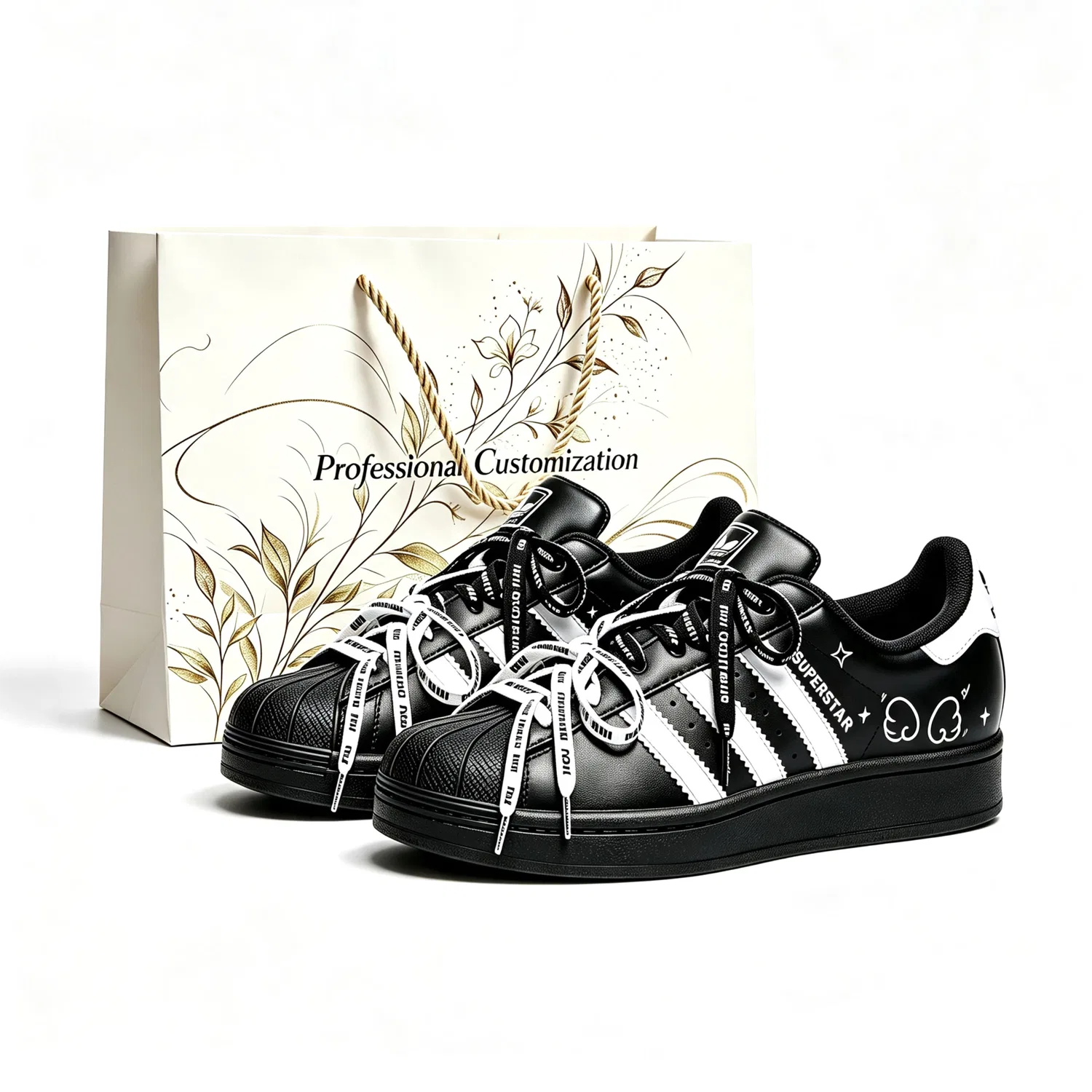 Детские скейтбординг-кроссовки с принтом Superstar 2 Adidas Originals, Black And White Gift Bag Style