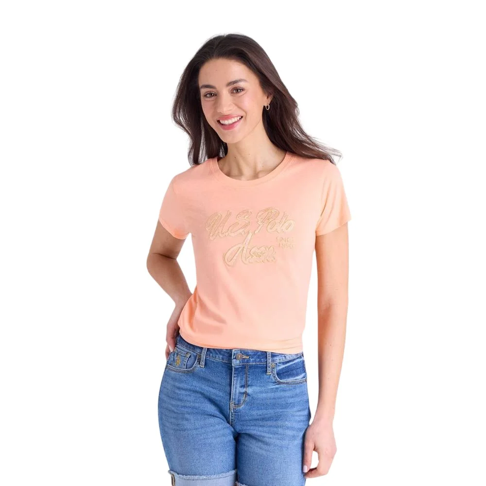 Женская футболка U.S. Polo Assn. Sateen Lurex Script Semi Scoop, персиковый
