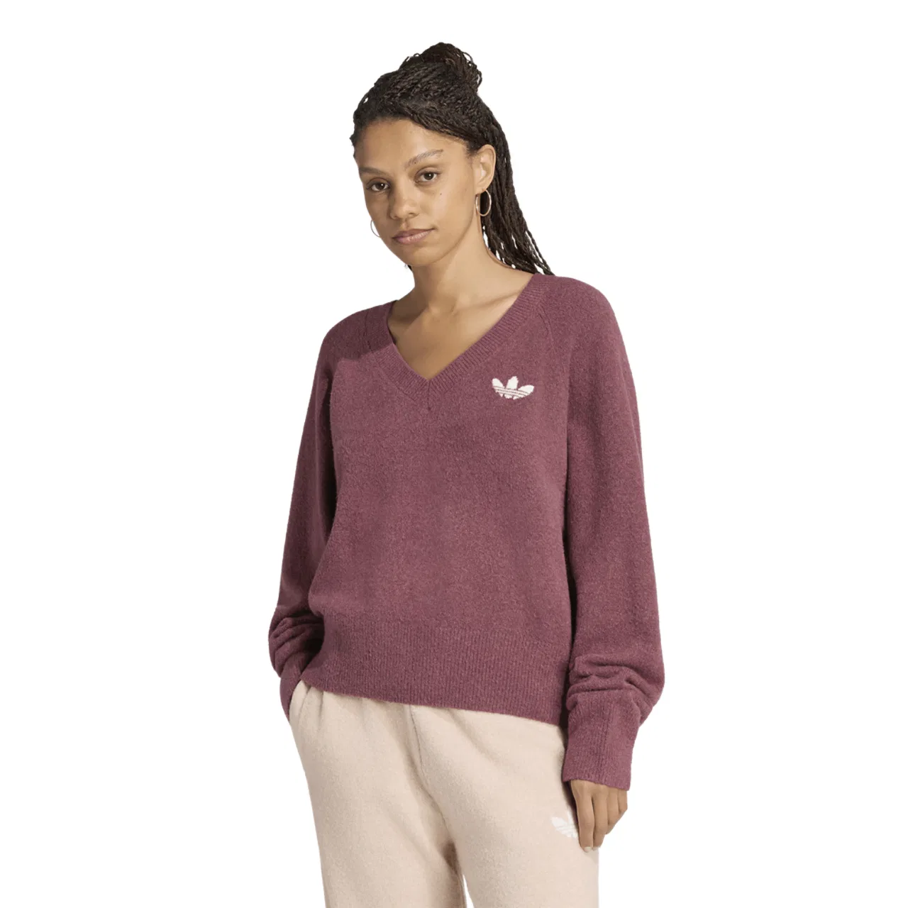 Женский свитшот с V-образным вырезом из трикотажа Essentials Knit V-Neck Sweatshirt adidas, Aurora Coffee