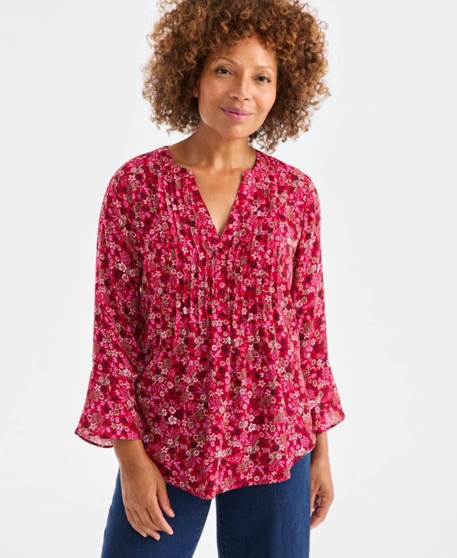 

Женская блузка с принтом, складками и оборками на рукавах Style & Co, Ditsy Dark Red