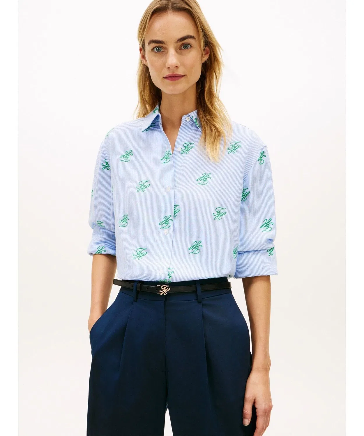 Женская рубашка из льна свободного кроя с монограммой TOMMY HILFIGER, Blue