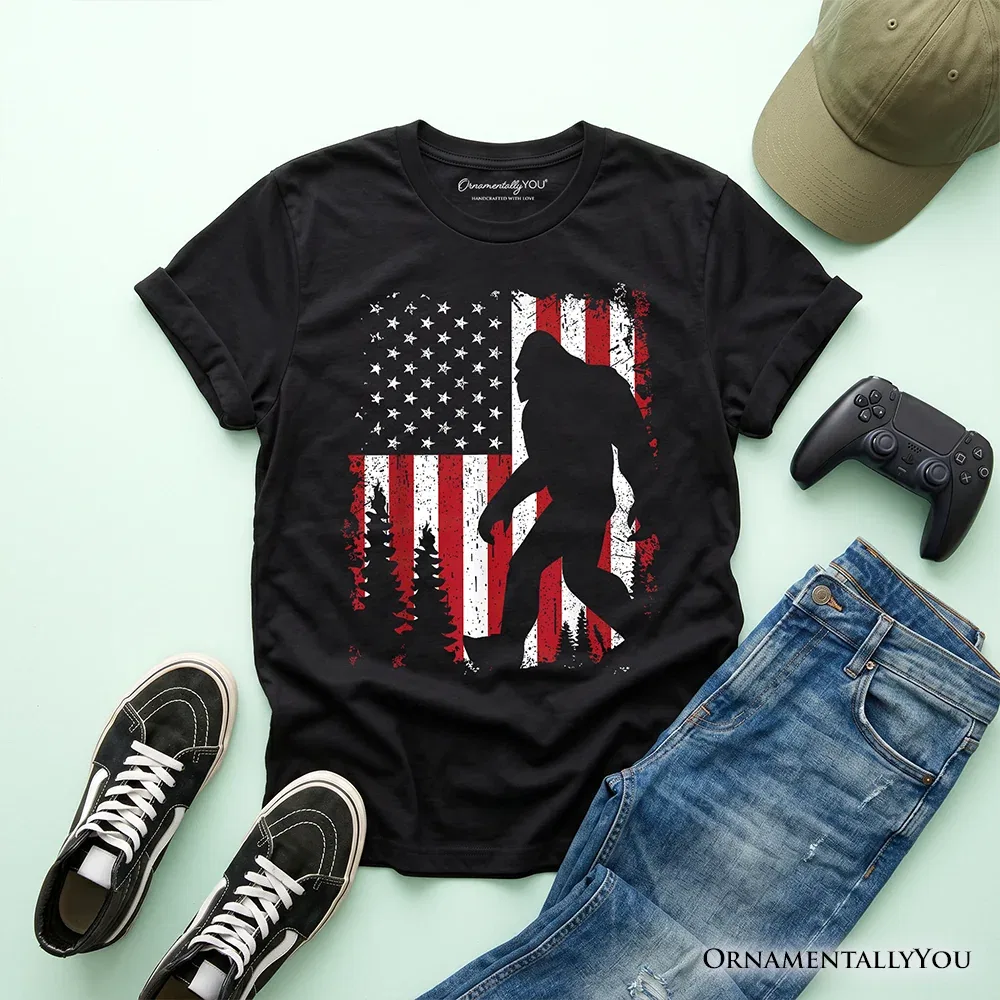 Детская футболка для мальчиков с принтом Bigfoot American Flag OrnamentallyYou, черный