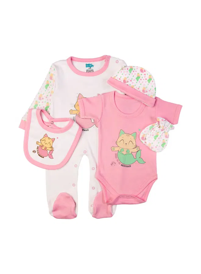 Комплект из 5 предметов с принтом Meowmaid Babies Basic, розовый — фото 2