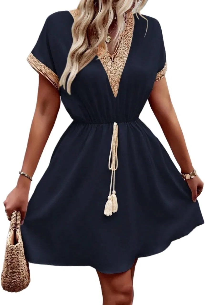 Женское повседневное платье A-силуэта с цветблоком, Navy Blue