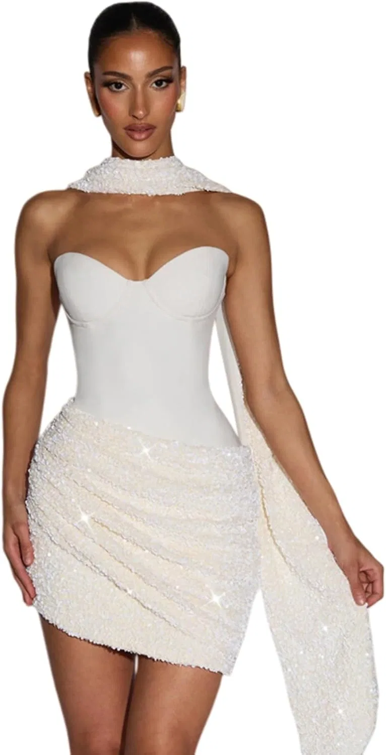 Женское мини-платье с пайетками bodycon, White