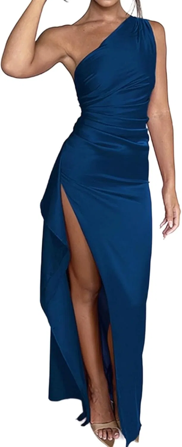 Женское коктейльное платье с одним плечом и разрезом, Blue
