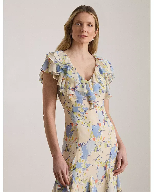 Женское платье с принтом Floral Ruffle Trim Georgette Gown Ralph Lauren, Blue Multi — фото 3