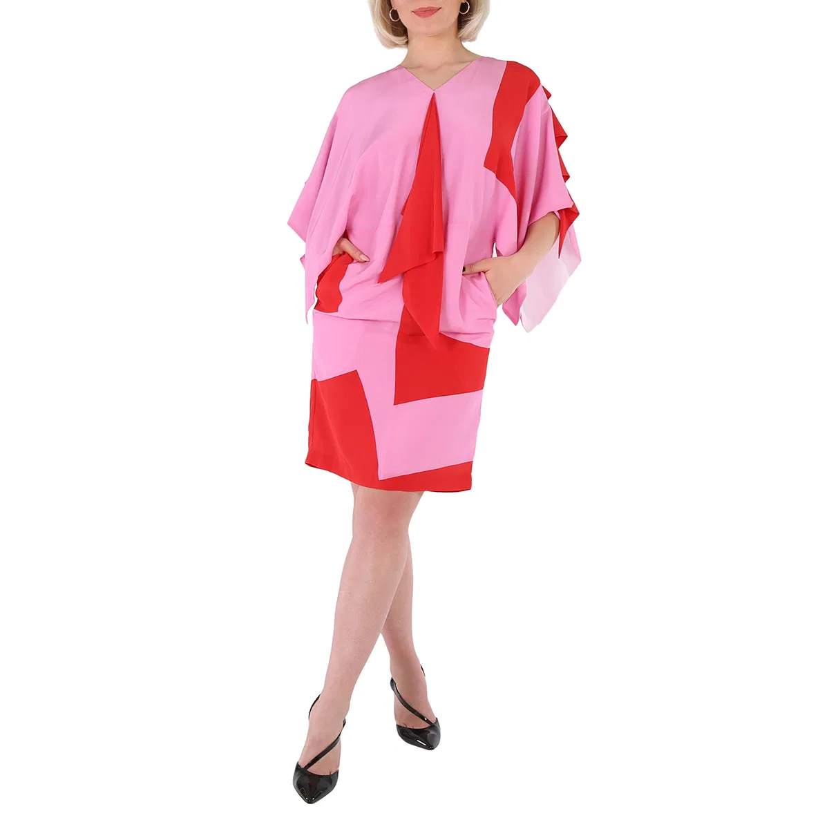 Платье вечернее с мысом, модель Ladies Primrose Pink Geometric Print Silk Crepe De Chine Cape Sleeve Dress Burberry, Primrose Pink Ip Ptt
