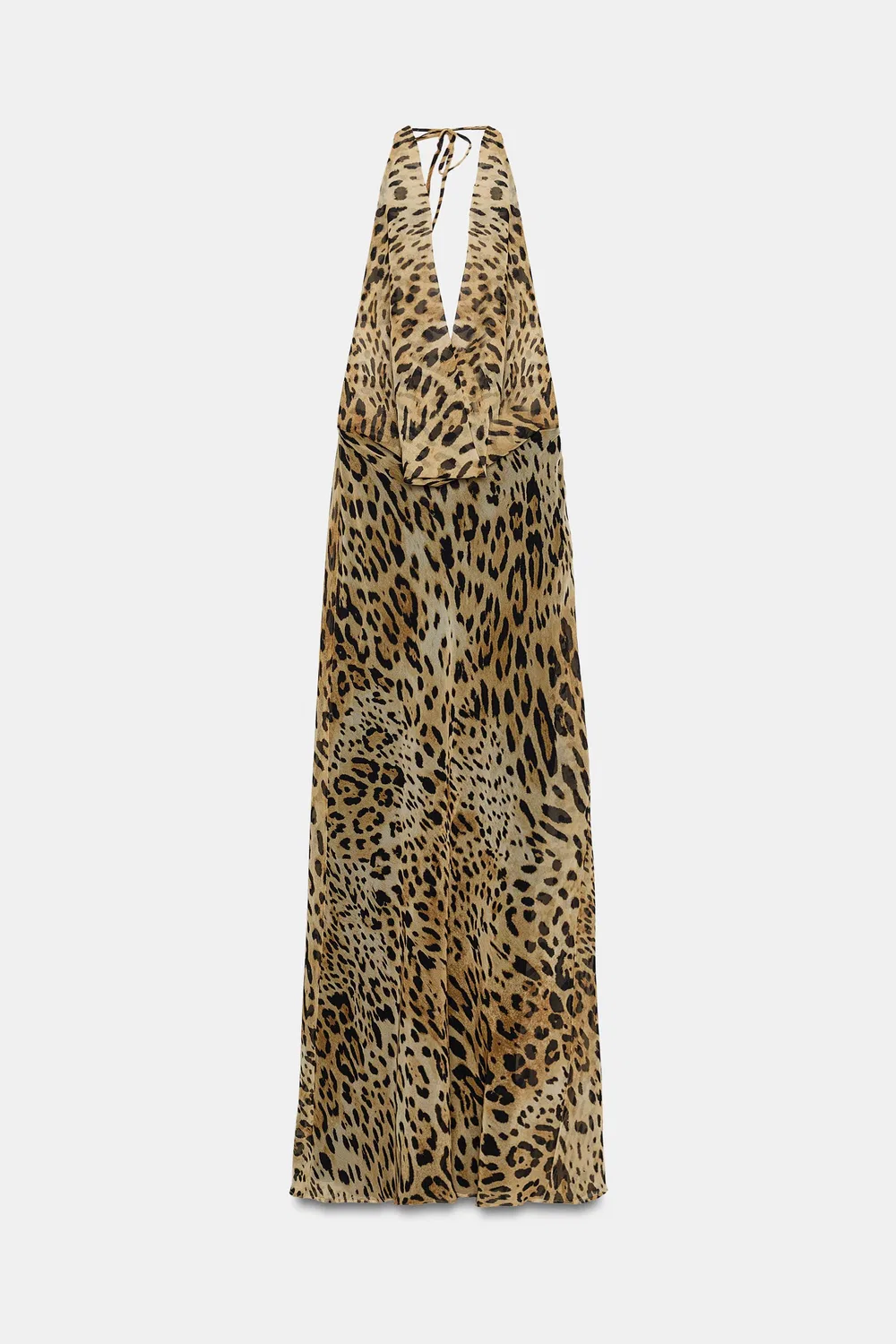 Длинное платье из жоржета с анималистическим принтом и завязками на шее. ZARA, Leopard — фото 2