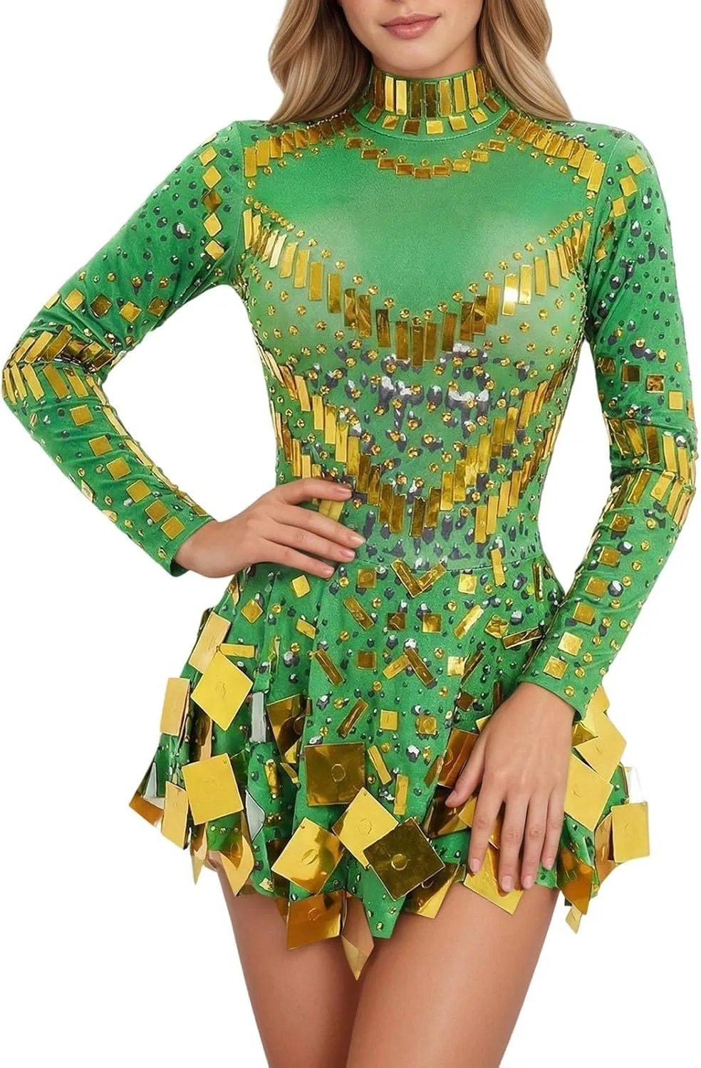 Женское платье с пайетками и стразами, миди, Long Sleeve, High Neck, Patterned, Gn2