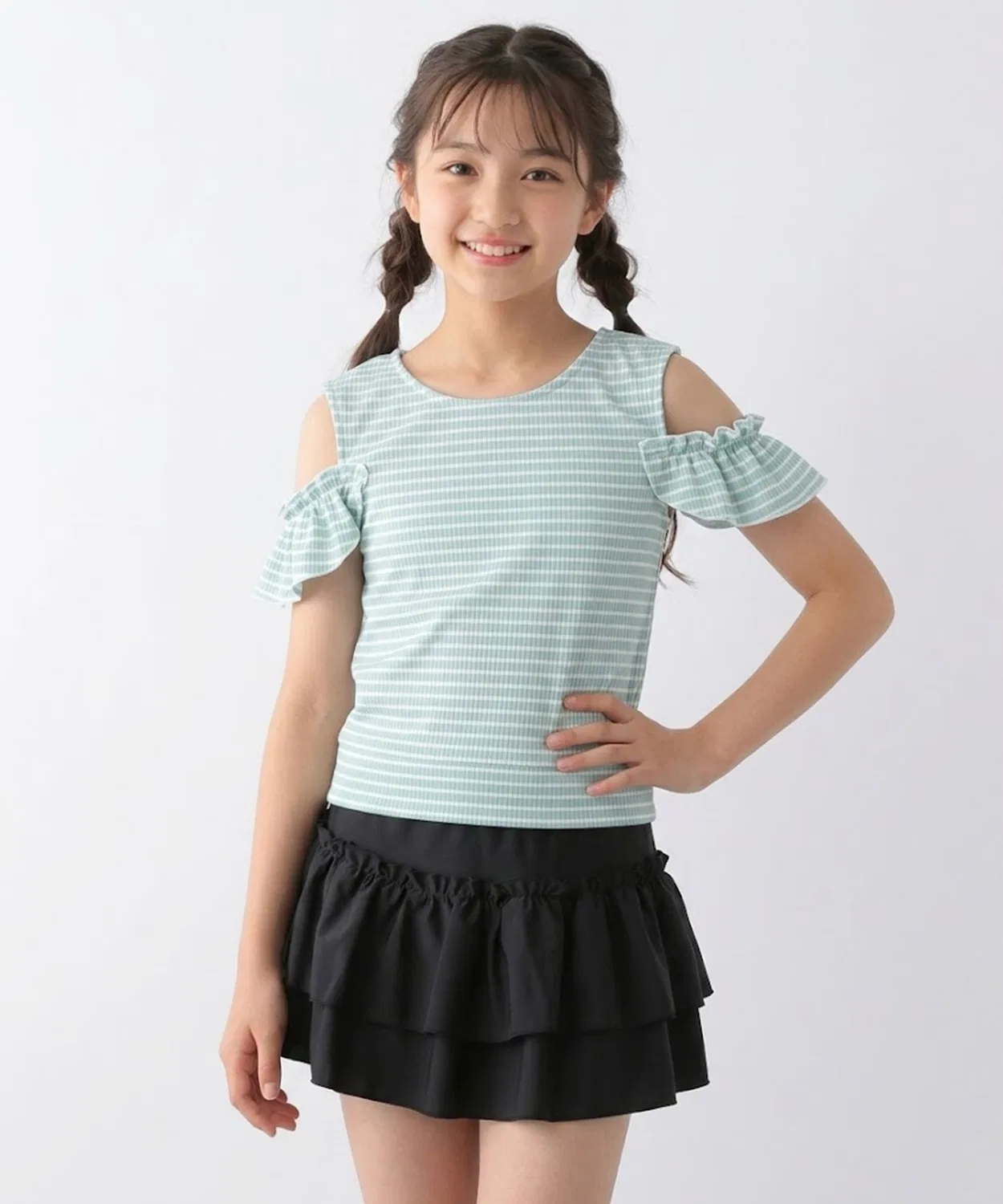 Детский купальник-раздельный с принтом, модель Border Off Shoulder Separate, repipi armario, Mint