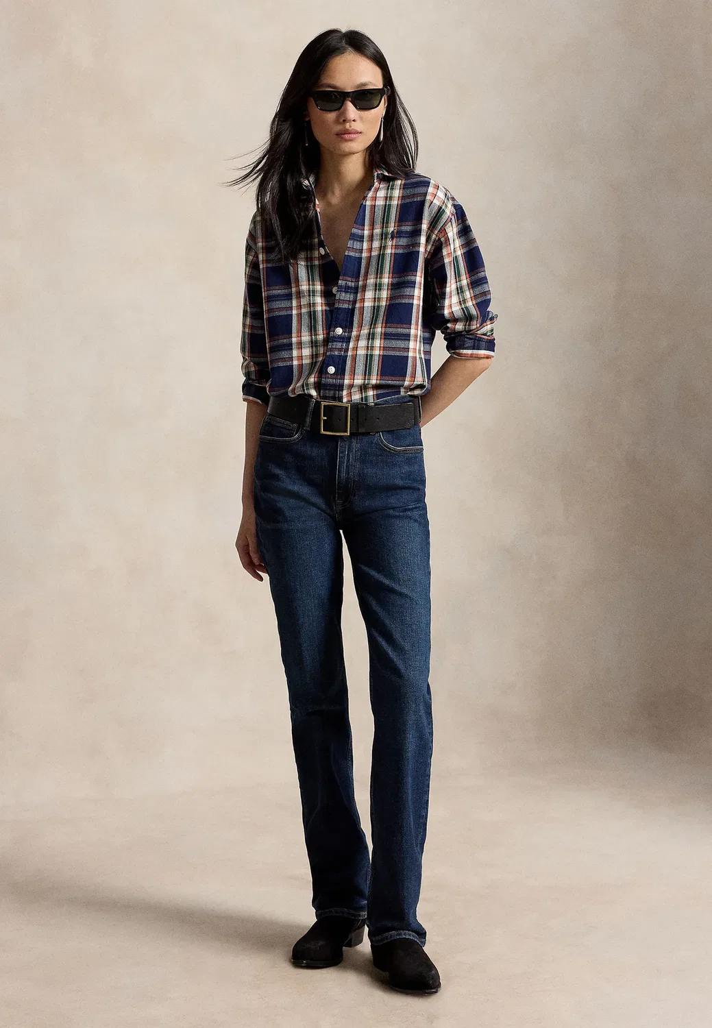 Хлопковая рубашка в клетку свободного кроя - блузка на пуговицах Polo Ralph Lauren, Navy/Orange — фото 2