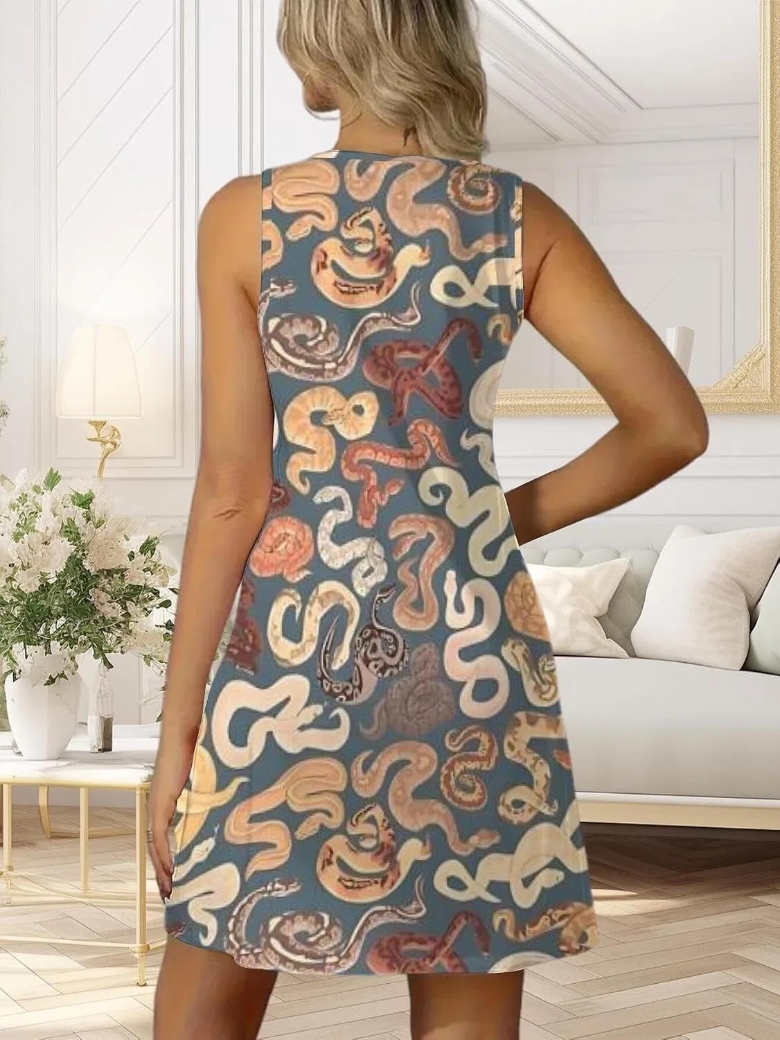 Женское летнее платье с принтом Unique Snake Print Summer Dress Stylish Reptile Patterned Night Dress, белый — фото 3