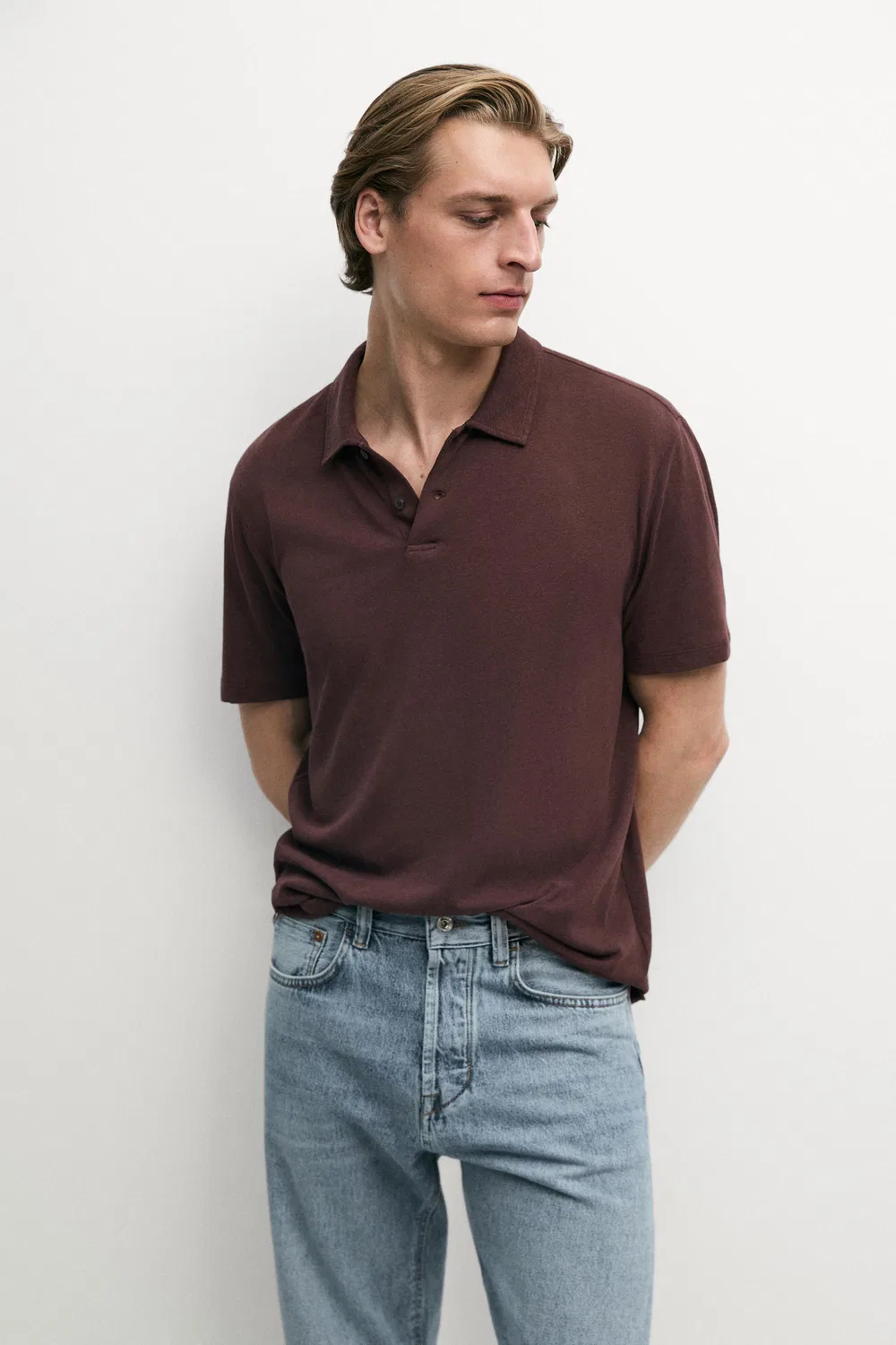 Поло с коротким рукавом из льна и хлопка Massimo Dutti, Burgundy — фото 2