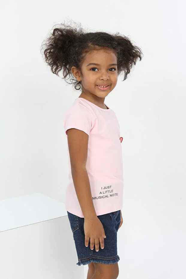 Детская футболка для девочек с принтом Embroidered Chest Musical Note Printed T-Shirt Toontoy, Light Pink — фото 2