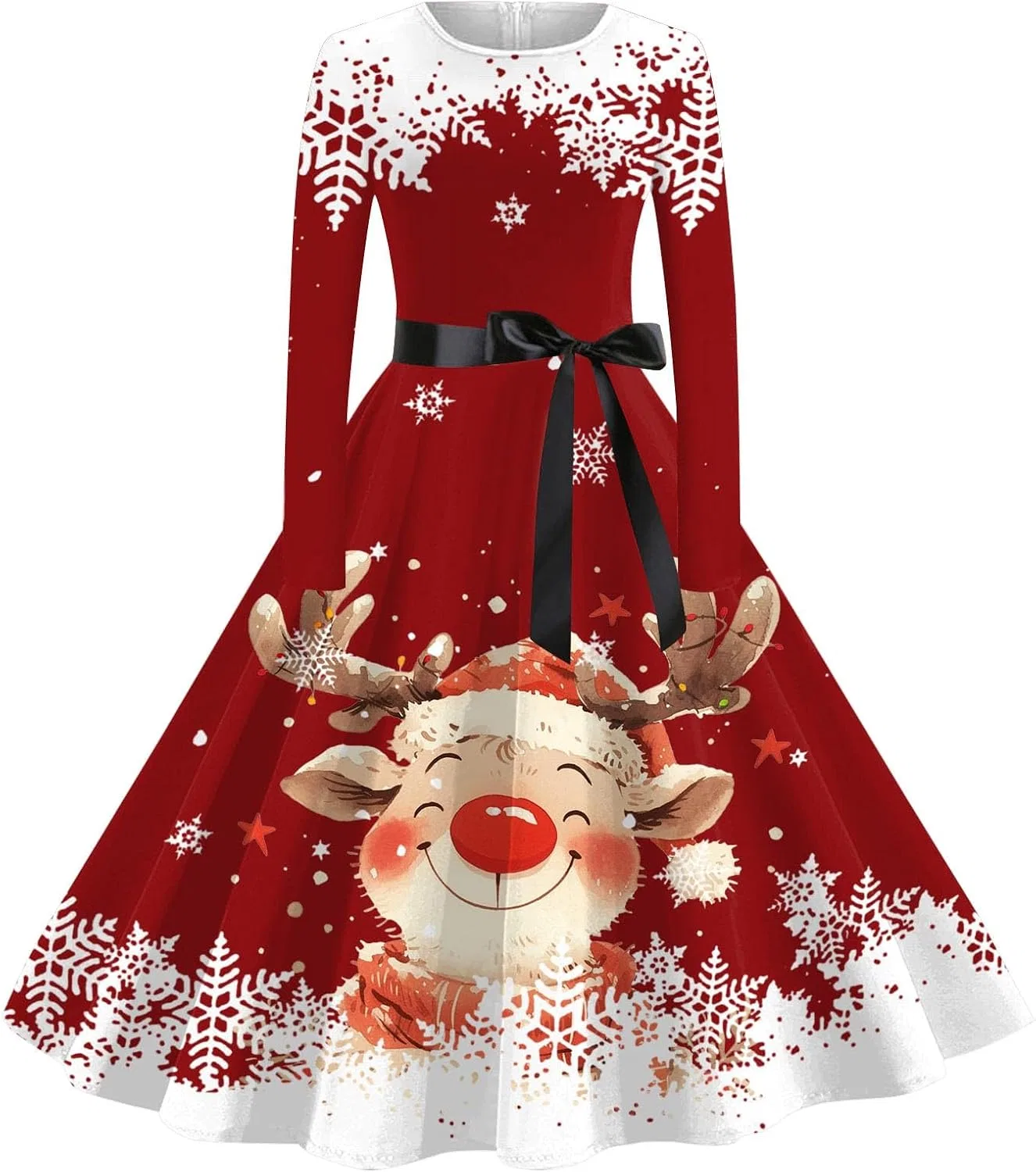 Женское платье-трапеция с длинным рукавом, с принтом, Christmas Dresses for Women, красный
