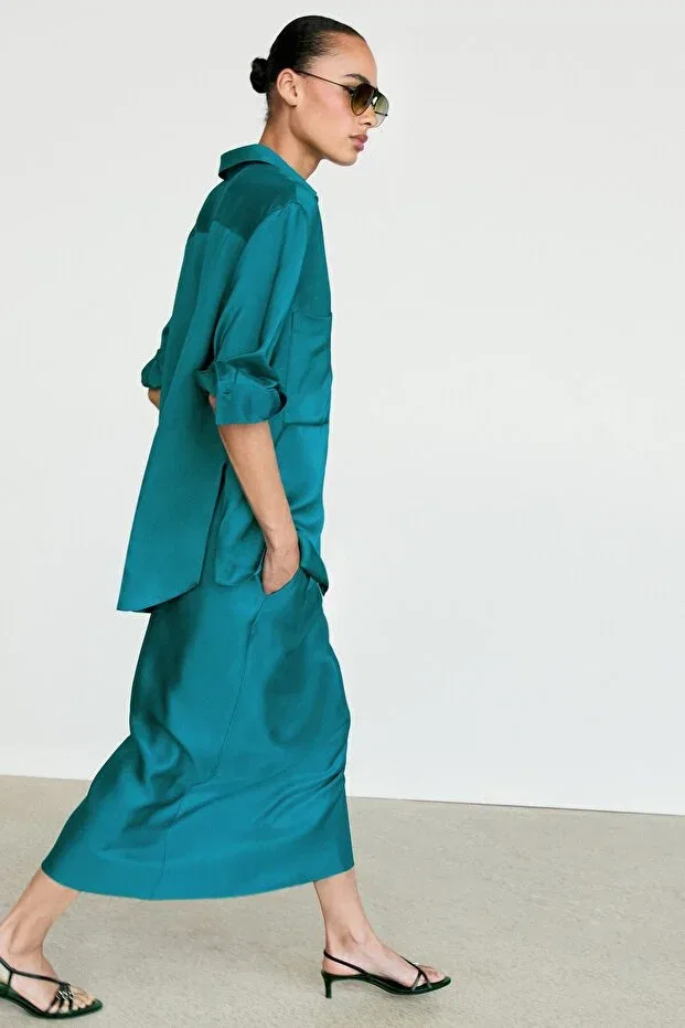 Женская рубашка из сатина с длинным рукавом Massimo Dutti, Blue And Green — фото 3