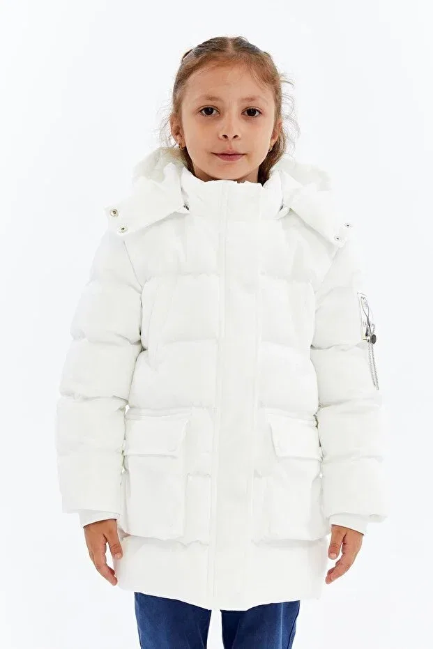 Детское пальто для девочек утепленное с капюшоном Benitto Kids, White