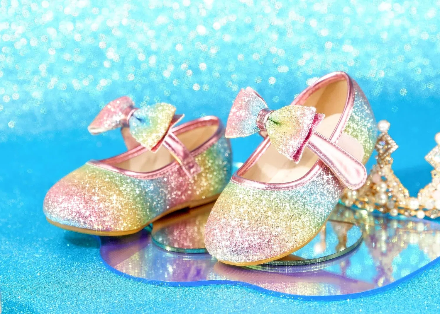 Детские туфли Мэри Джейн для девочек PHIRAMIN, Sparkly Glitter Rainbow — фото 4