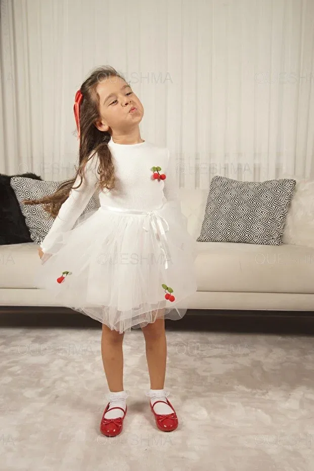 Детское платье для девочек с принтом Mobile cherry lined tulle tutu Queshma, Longarm-White — фото 3