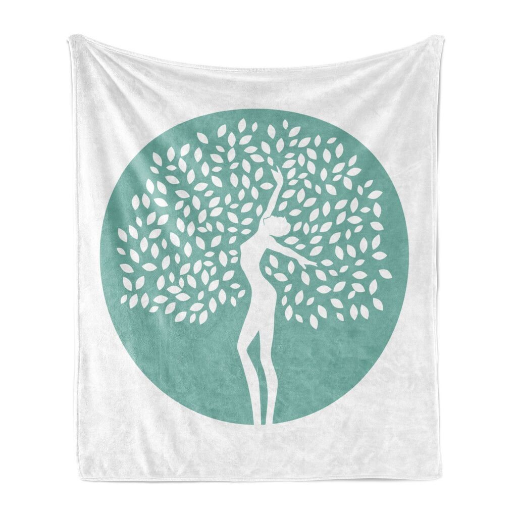 

Мягкое фланелевое флисовое одеяло ABAKUHAUS Leaves, Hugging Lady Tree Life, уютный плюш для использования в помещении и на улице, 125 x 175 см, белый и бледно-бирюзовый