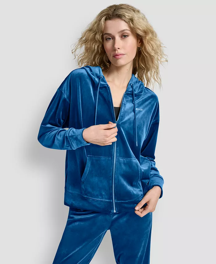 

Женская худи Platinum Velour с логотипом из страз на всю длину молнии Dkny, синий