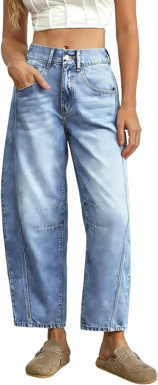 

Джинсы Barrel для женщин в стиле Vintage Boyfriend, широкие, на пуговицах, Mid Rise, растягивающиеся, потертые, укороченные