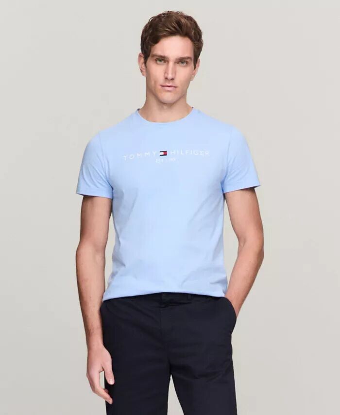 

Мужская футболка узкого кроя с круглым вырезом с вышитым логотипом Tommy Hilfiger, синий