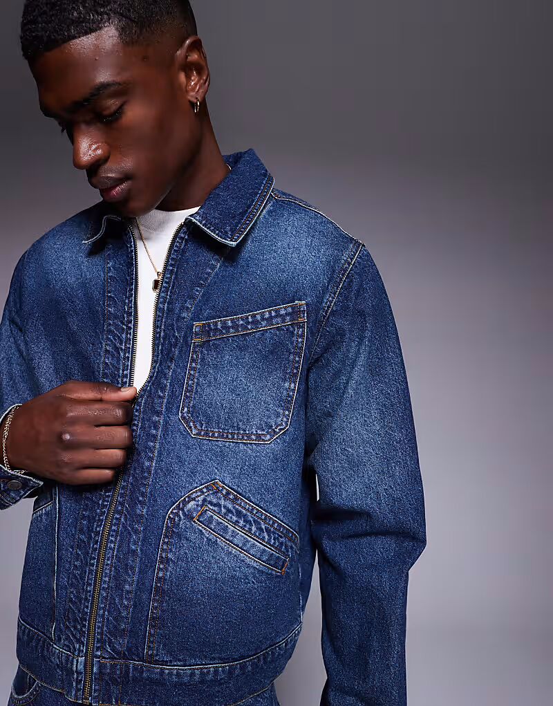 

Джинсовая куртка Harrington свободного кроя ASOS DESIGN, средне-синего цвета, в комплекте