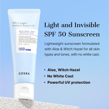 COSRX Ультралегкий невидимый солнцезащитный крем SPF50 PA++++ Легкий, быстро впитывающийся, увлажняющий солнцезащитный крем для сухой кожи, поврежденной солнцем Вода из листьев алоэ и гамамелиса — фото 3