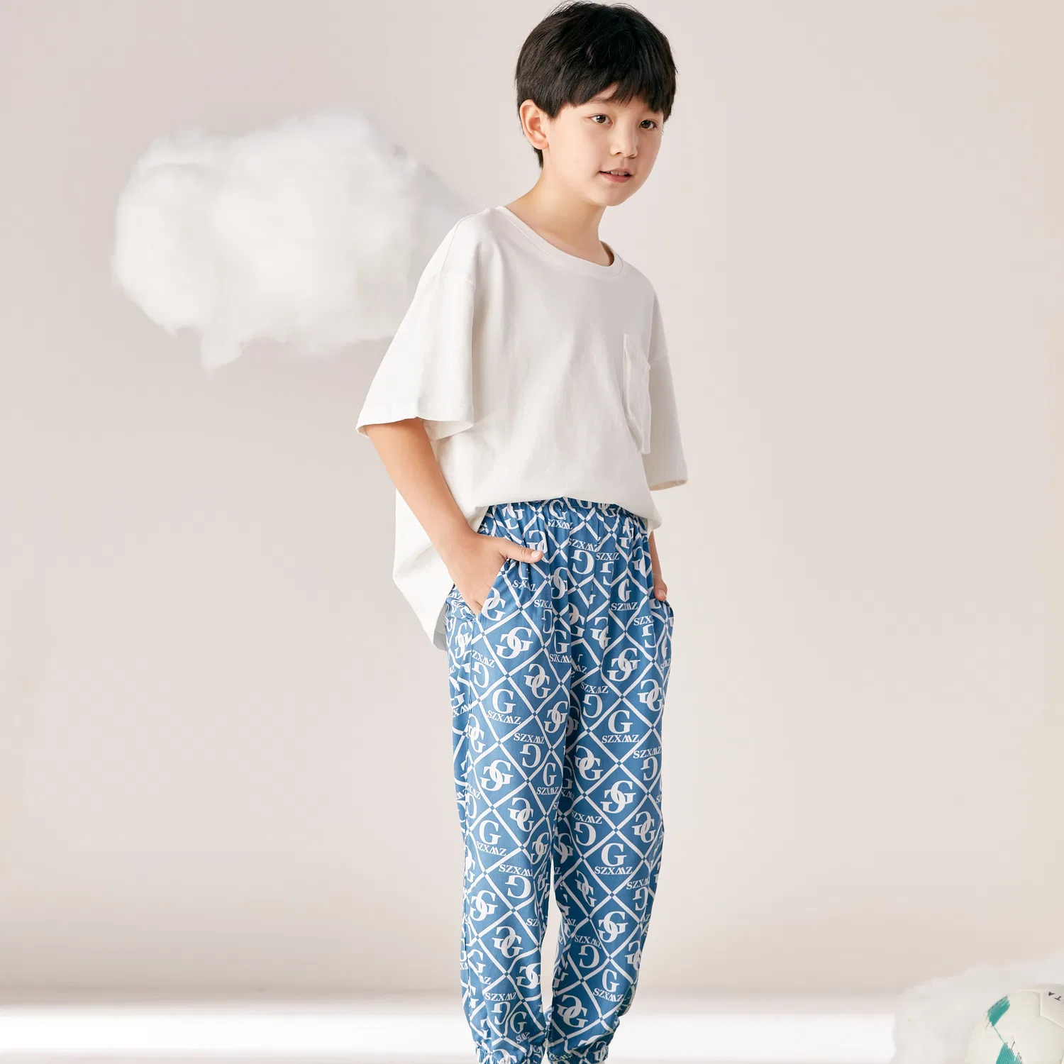 Детские штаны с принтом Red bean, Light Blue — фото 4