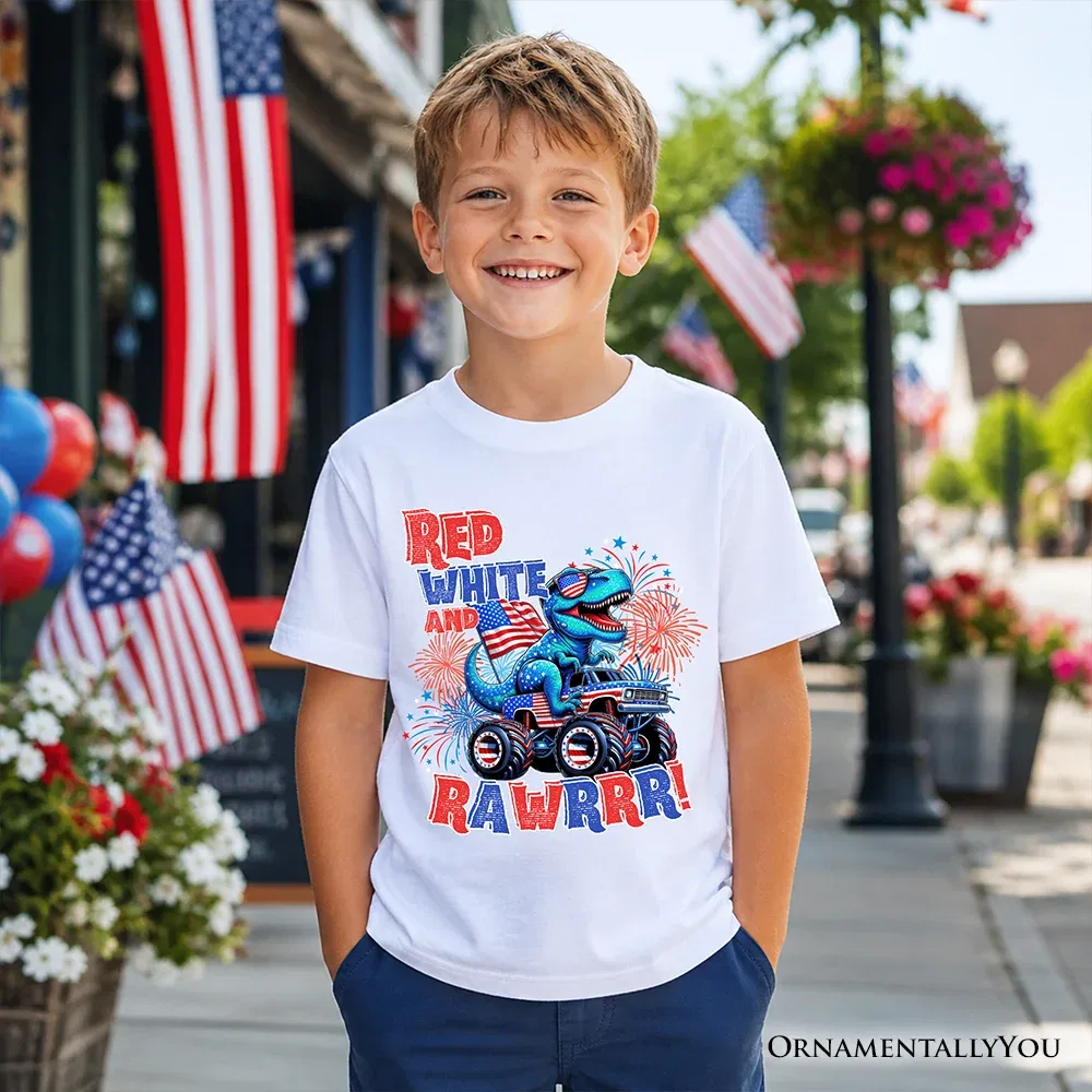 Детская футболка для мальчиков с принтом Patriotic Dinosaur Monster Truck OrnamentallyYou, White — фото 2