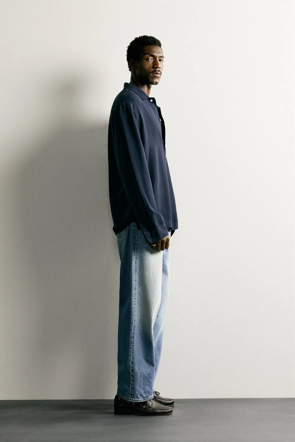 Поло из вискозы и льна, стандартного кроя. ZARA, Navy blue — фото 4