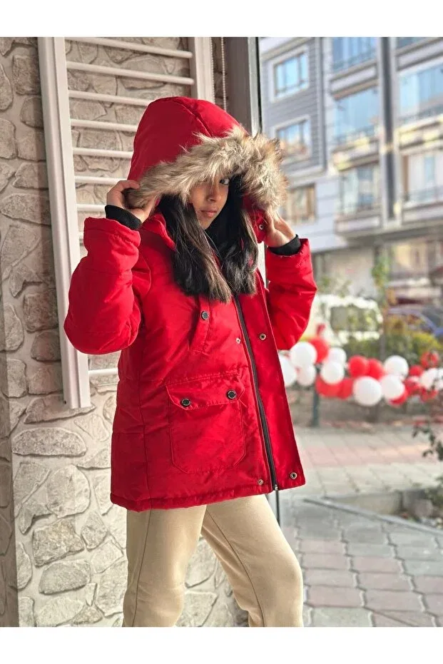 Детское зимнее пальто для девочек с принтом Fur detachable hood filled lined unisex high quality inflatable children's coat Narin Kids, Red — фото 3