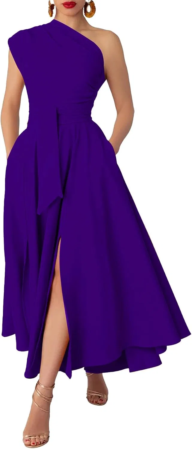 Женское платье с одним плечом асимметричное A-line WEIYIAN, Purple — фото 3