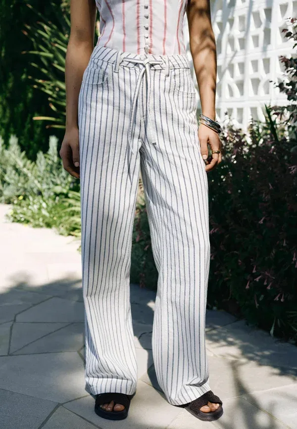 Брюки деним Regular fit - drawstring waist - wide leg Next, ecru striped, экрю — фото 2