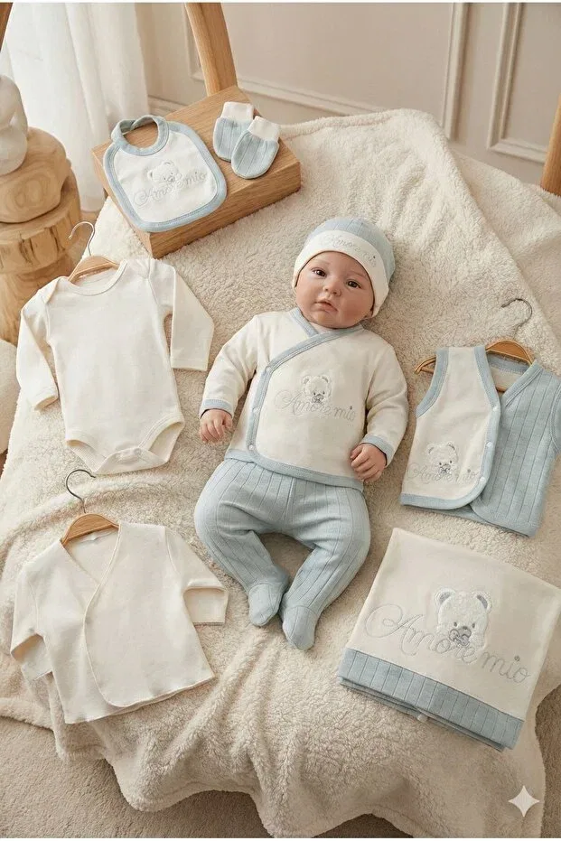 Детский комплект для мальчиков с вышивкой мишки с бутылочкой Boy baby amore mi̇o embroidered teddy bear with bottle 10-piece newborn hospital release zibin set Zeynuko, Green