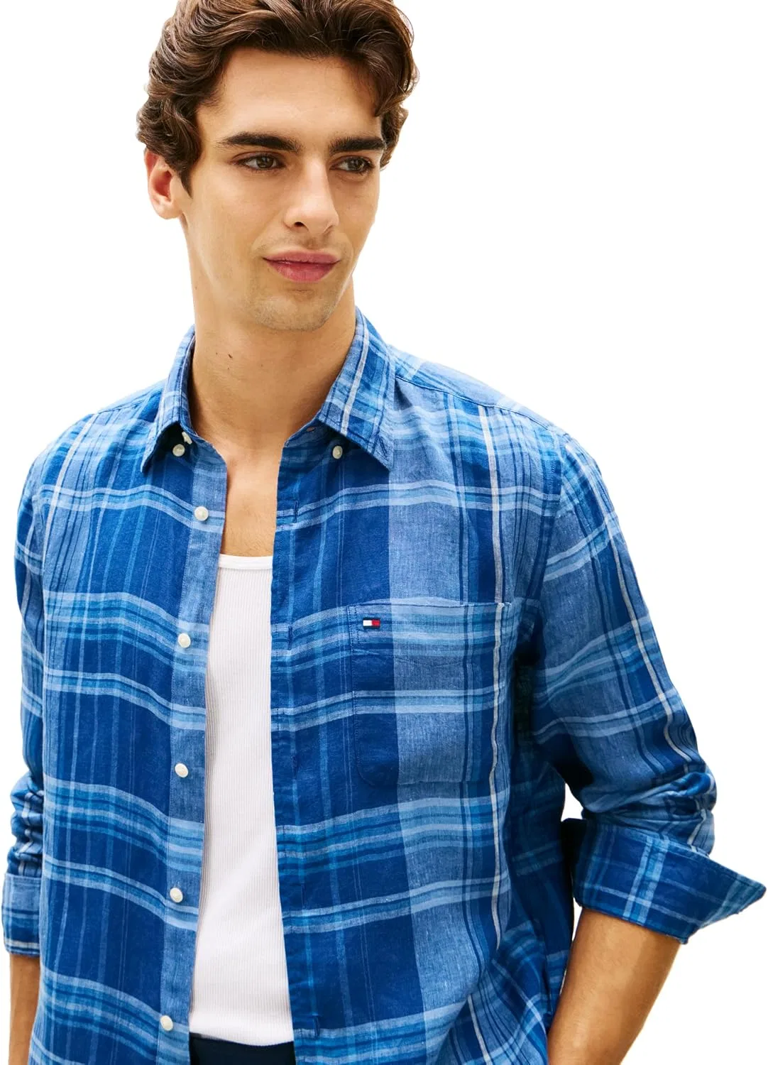 Мужская рубашка на пуговицах с длинным рукавом, льняная, Tommy Hilfiger, Brisk Blue Check — фото 2