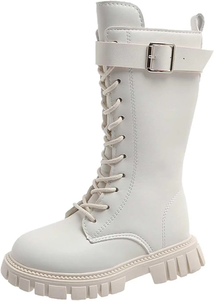 Детские ботинки для девочек на молнии и шнуровке с принтом, модель White Boot For Girls Zipper Lace Up Combat Boots PU Leather Mid Calf Boots Waterproof Punk Goth Boot 4-11 Years