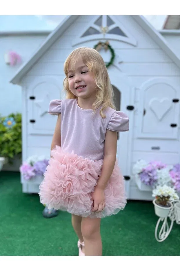 Детское платье для девочек с коротким рукавом Princess Trailing Detachable Ribbon Babymoon Kids, Powder