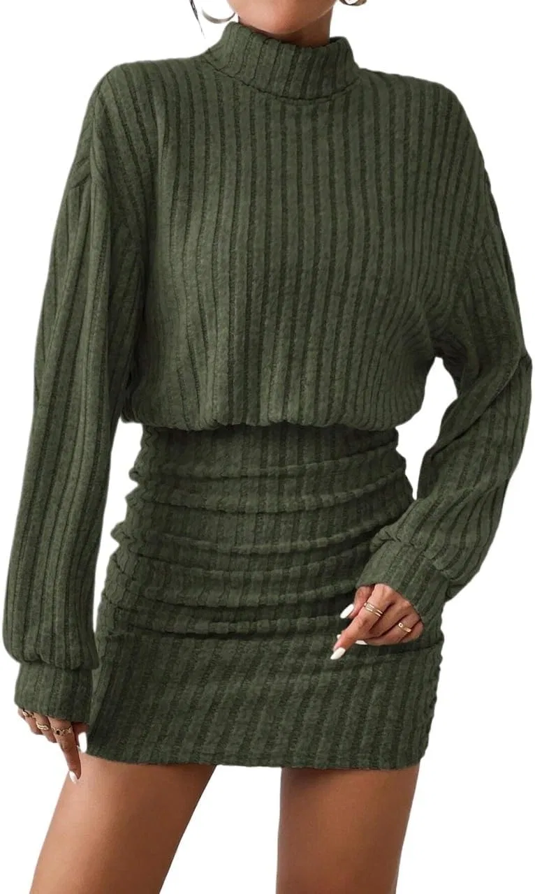 Женское облегающее платье мини с высоким воротом Textured Fabric, Dark Green