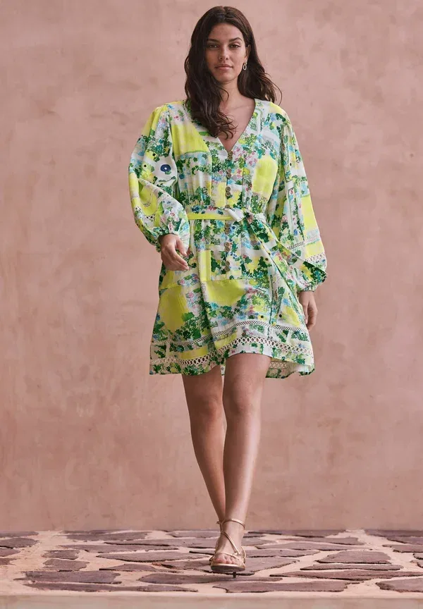 Платье-рубашка с принтом, Regular fit, Next, Green Pink Floral, зеленый/розовый