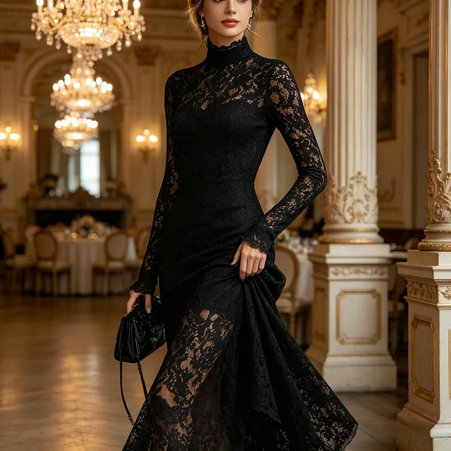 Женское кружевное платье-макси с длинным рукавом, Black — фото 4