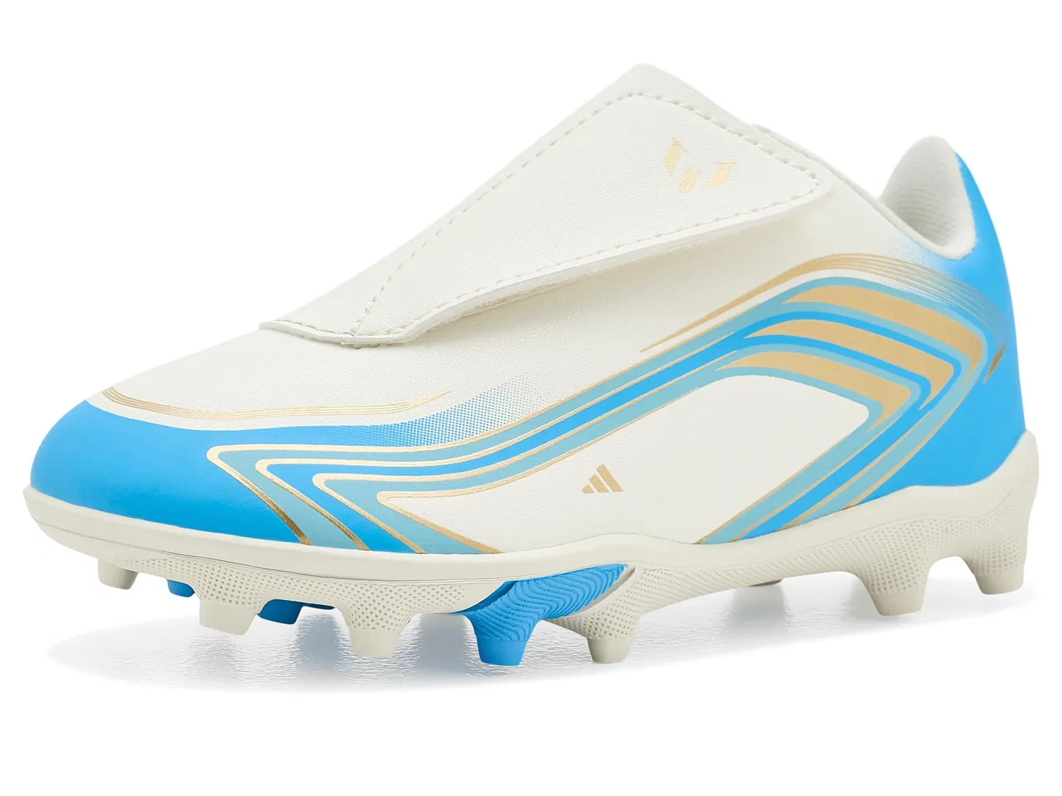 Бутсы F50 Messi Club Velcro Firm Ground/Multi Ground Football (для маленьких детей и малышей) Adidas Kids, Ivory/Semi Blue Burst/Icey Blue