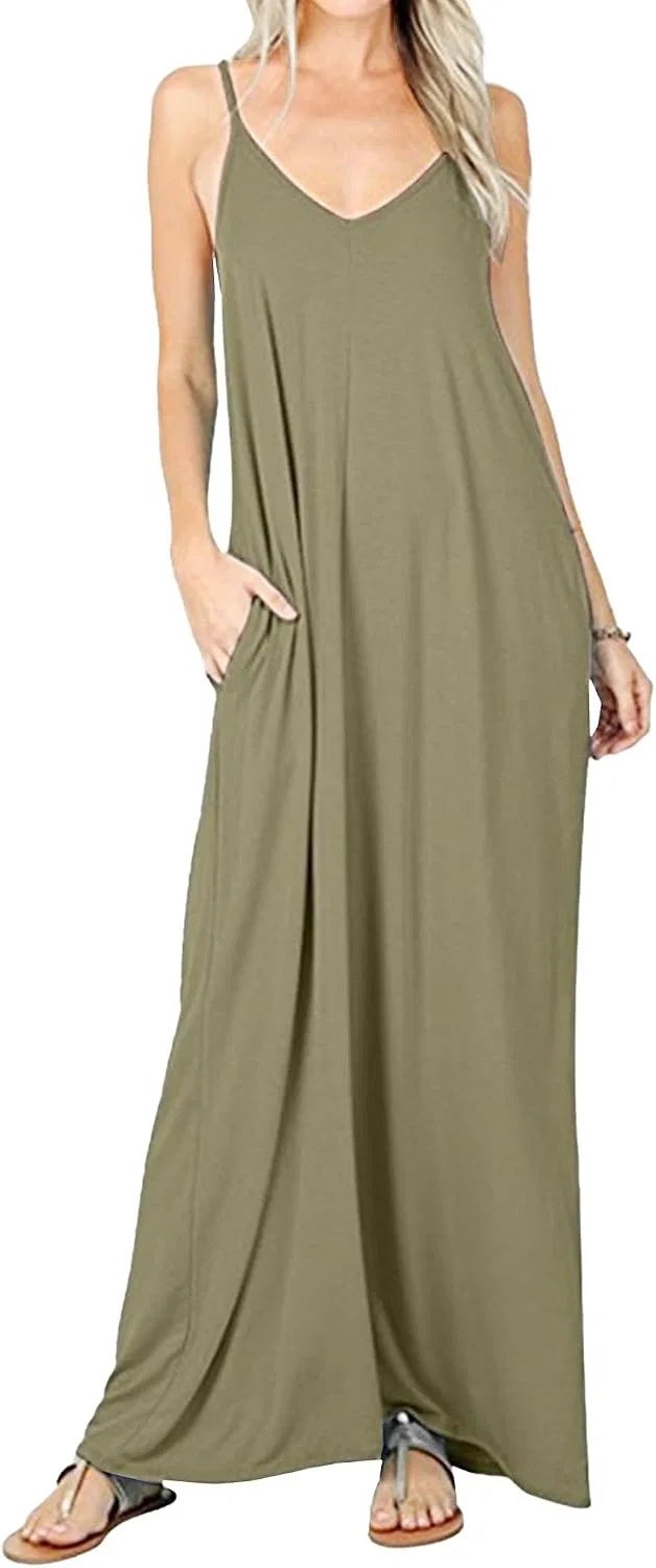 Женское летнее макси-платье на тонких бретелях Bohemian, Military Green
