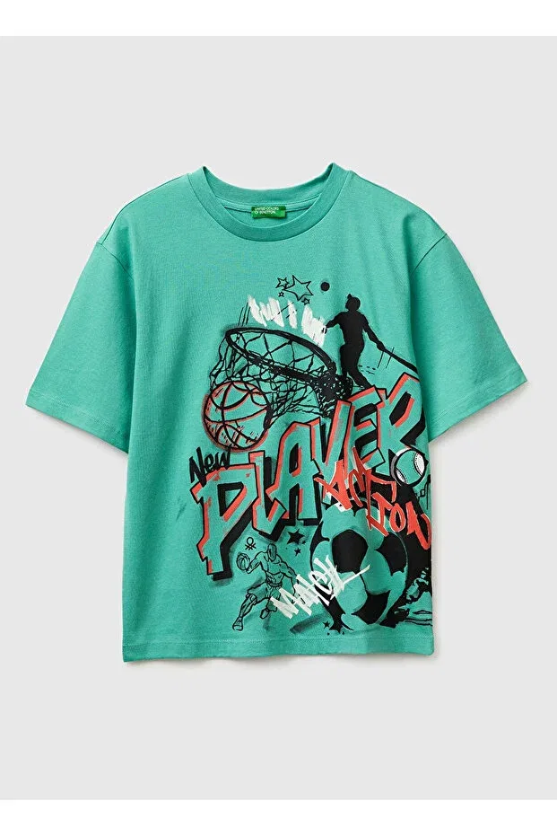 Детская футболка для мальчиков с принтом Blue-Green boy's printed t-shirt United Colors Of Benetton, Blue - Green