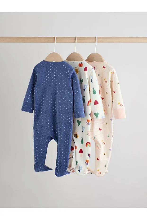 Детский комплект пижам с принтом Cotton Navy Blue Cream Floral Patterned 3-Piece Sleepsuit Set Next Baby, Multicolor — фото 2